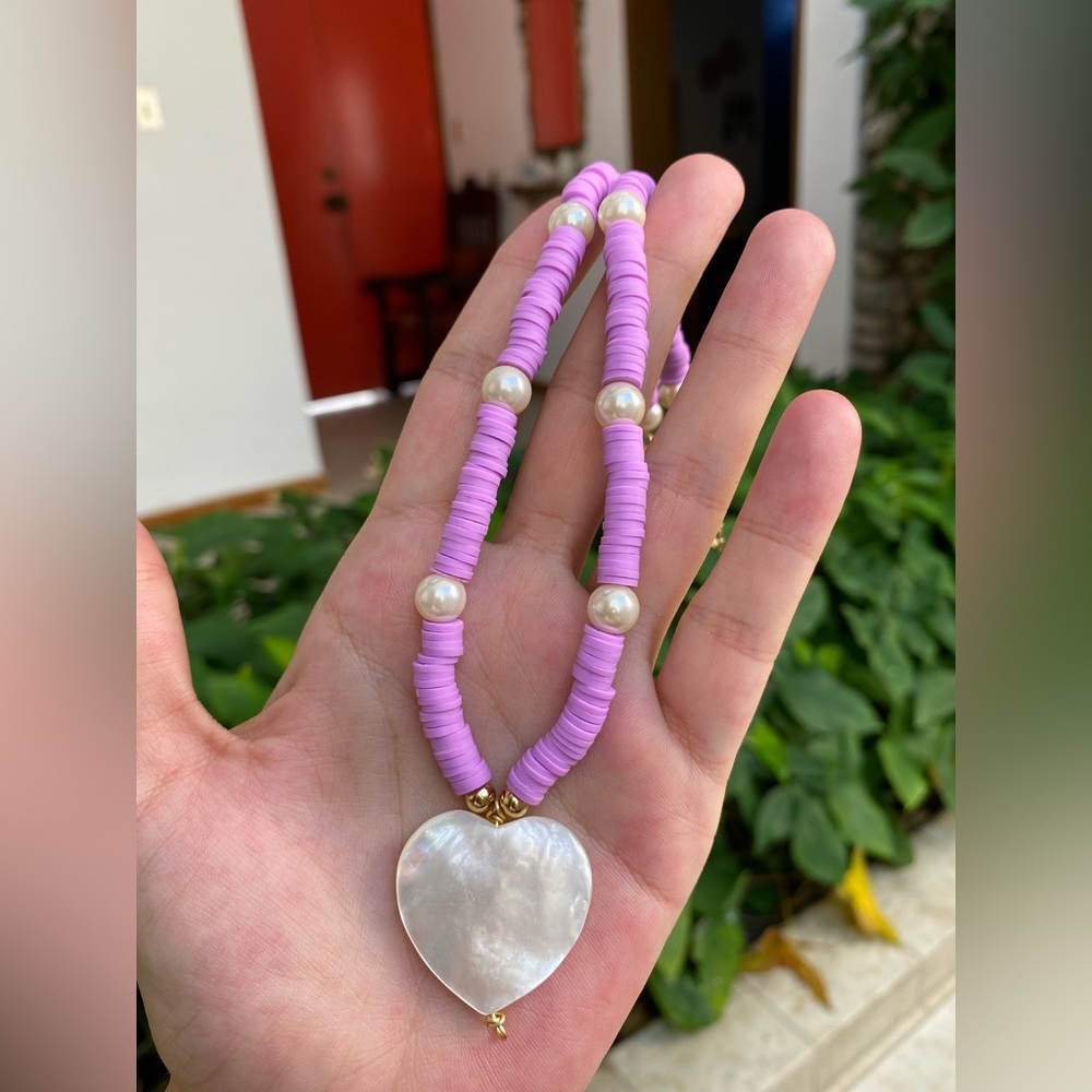 New Handmade heishi beads necklace and mother of pearl heart pendant
